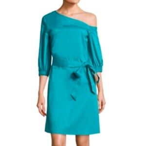 TIBI Cotton asymmetrical teal puff sleeve dress